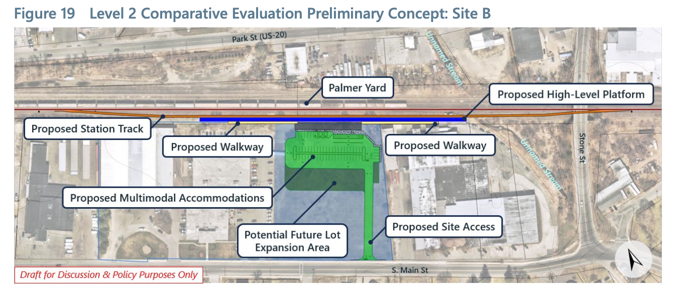 Screenshot of Figure 19, showing satellite view of the preliminary concept for the Palmer passenger rail station at Site B, South of Palmer Yard, 1199 South Main St. Graphic is from page 40 of MassDOT Palmer Station Planning & Design: Alternatives Analysis, Summary Report. Prepared by VHB for MassDOT, January 2025.